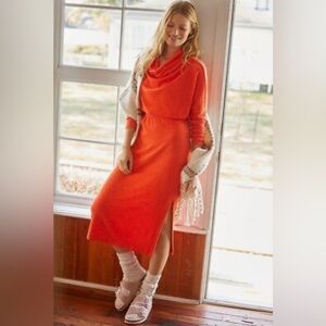 Anthropologie Daily Practice Orange Blouson Knit Midi Dress‎ M Cowl Neck